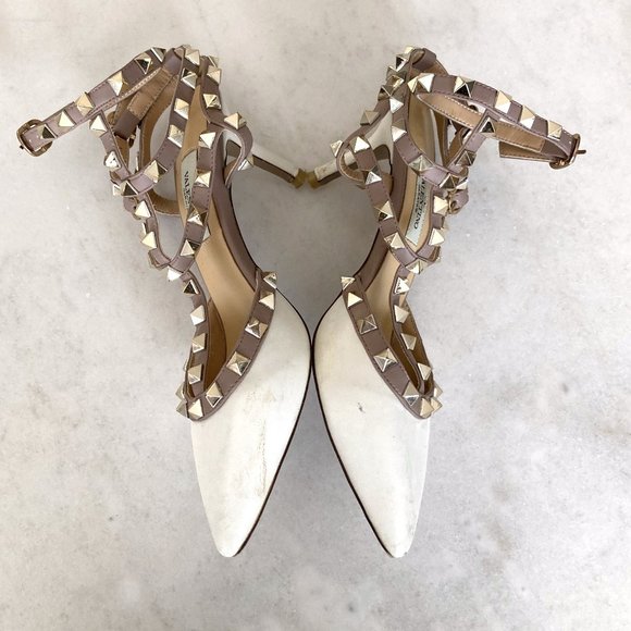 Valentino Garavani Rockstud caged pump ankle strap high heel leather shoes white - Picture 9 of 16